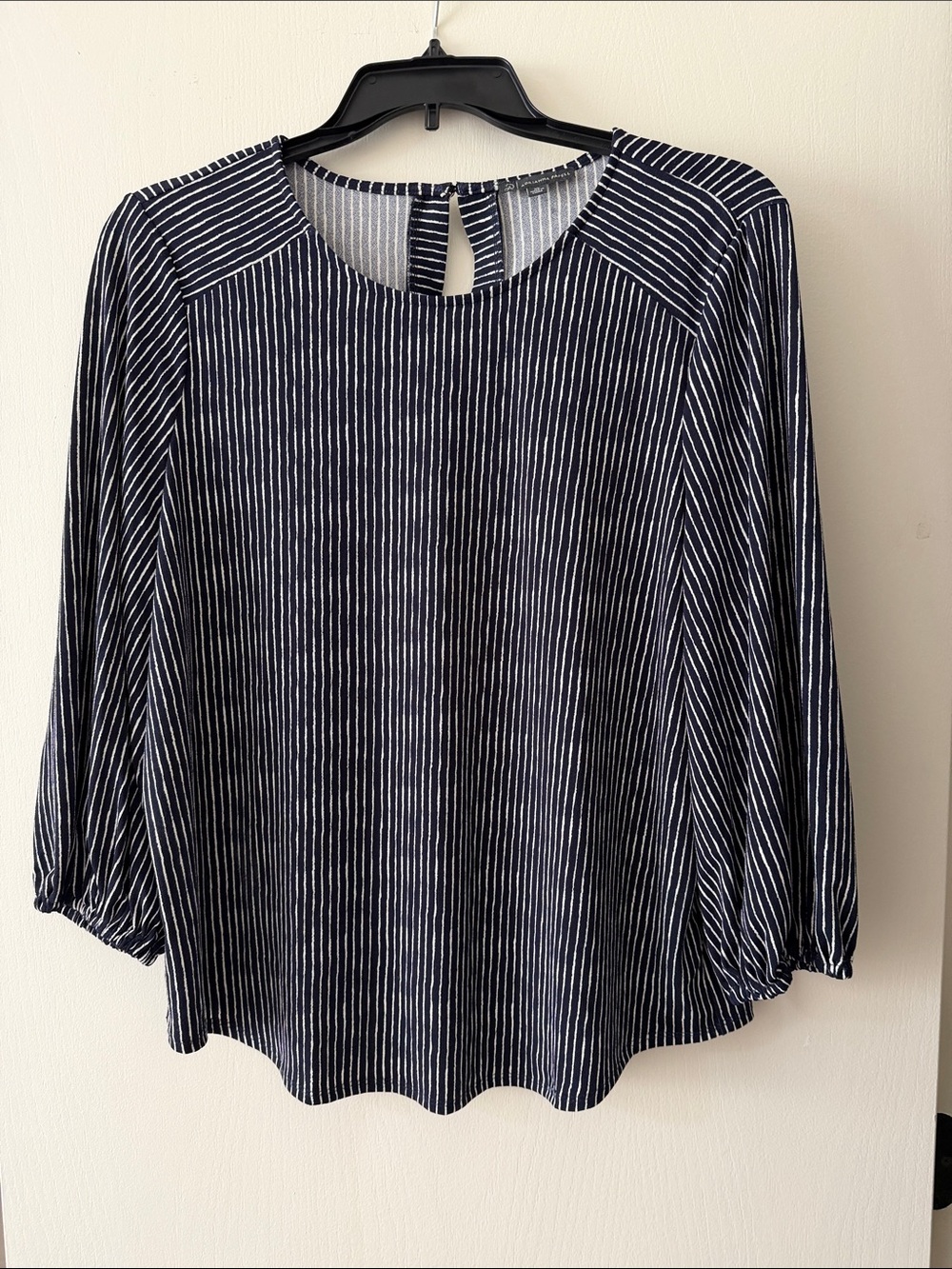 Adrianna Papell Navy & White Striped Keyhole Blouse